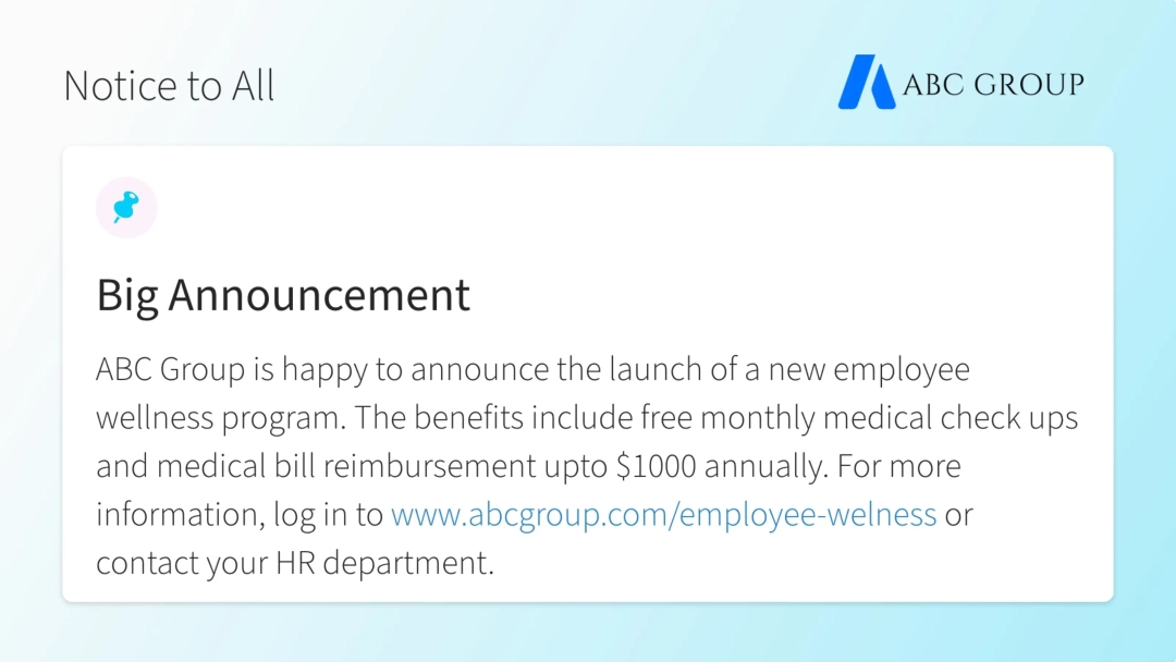 Digital signage app showing big announcement from ABC Group on digital screen