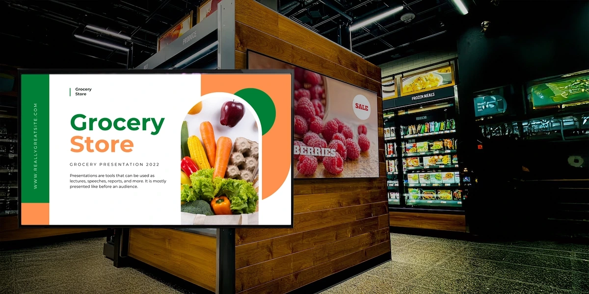 Digital signage screens inside a convenience store displaying food promotions and fuel prices with Pickcel