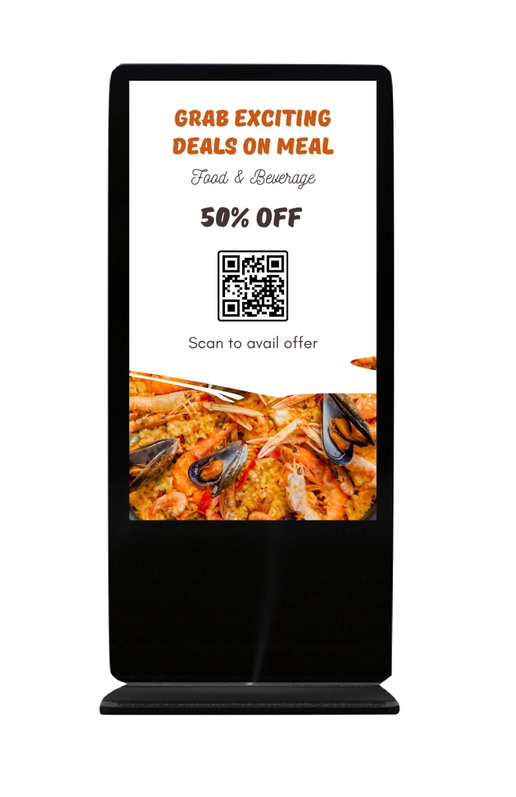 A Interactive digital standee powered by Pickcel Digital Signage software displaying meal offer content