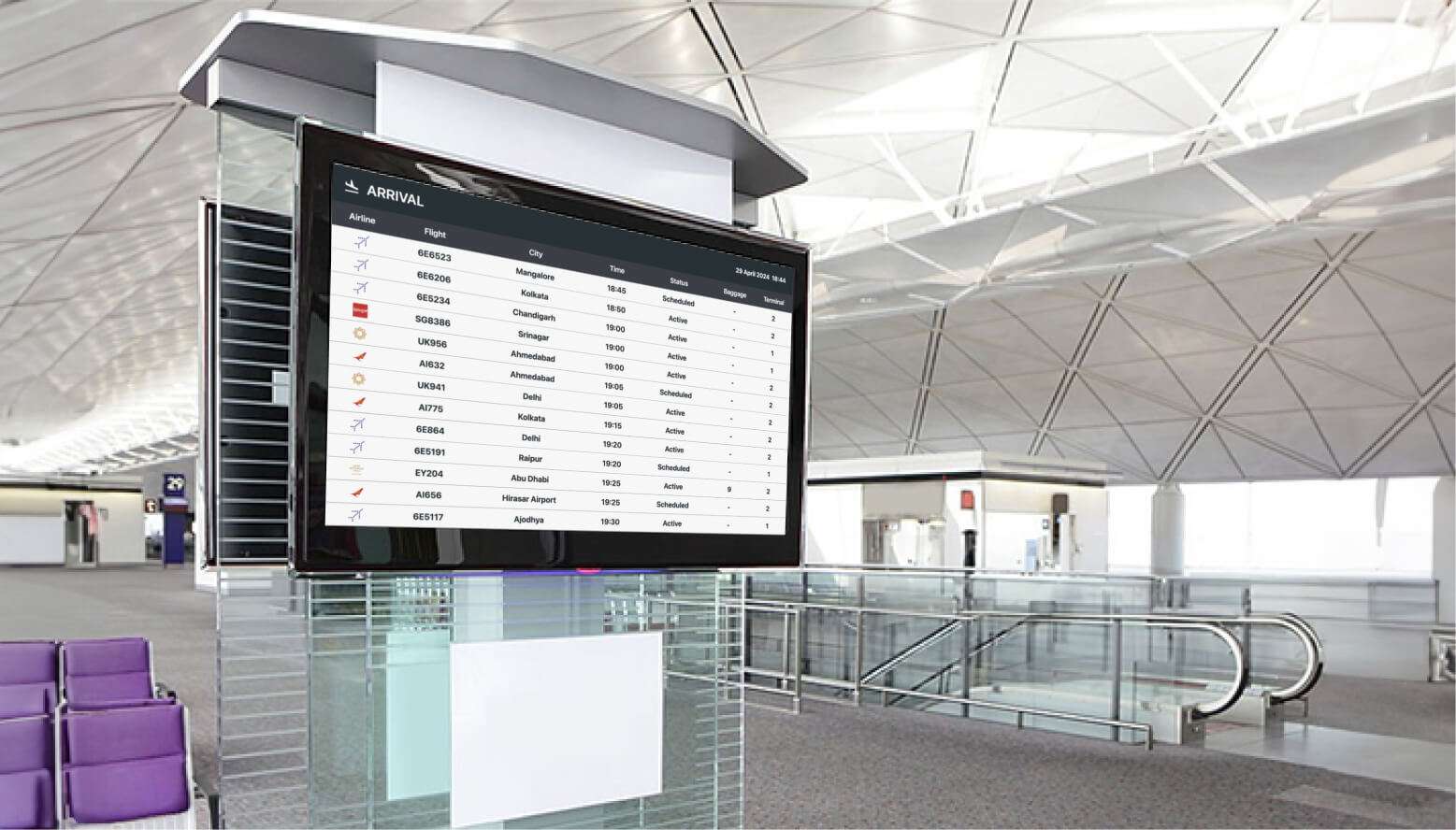 Airport digital display showing flight information