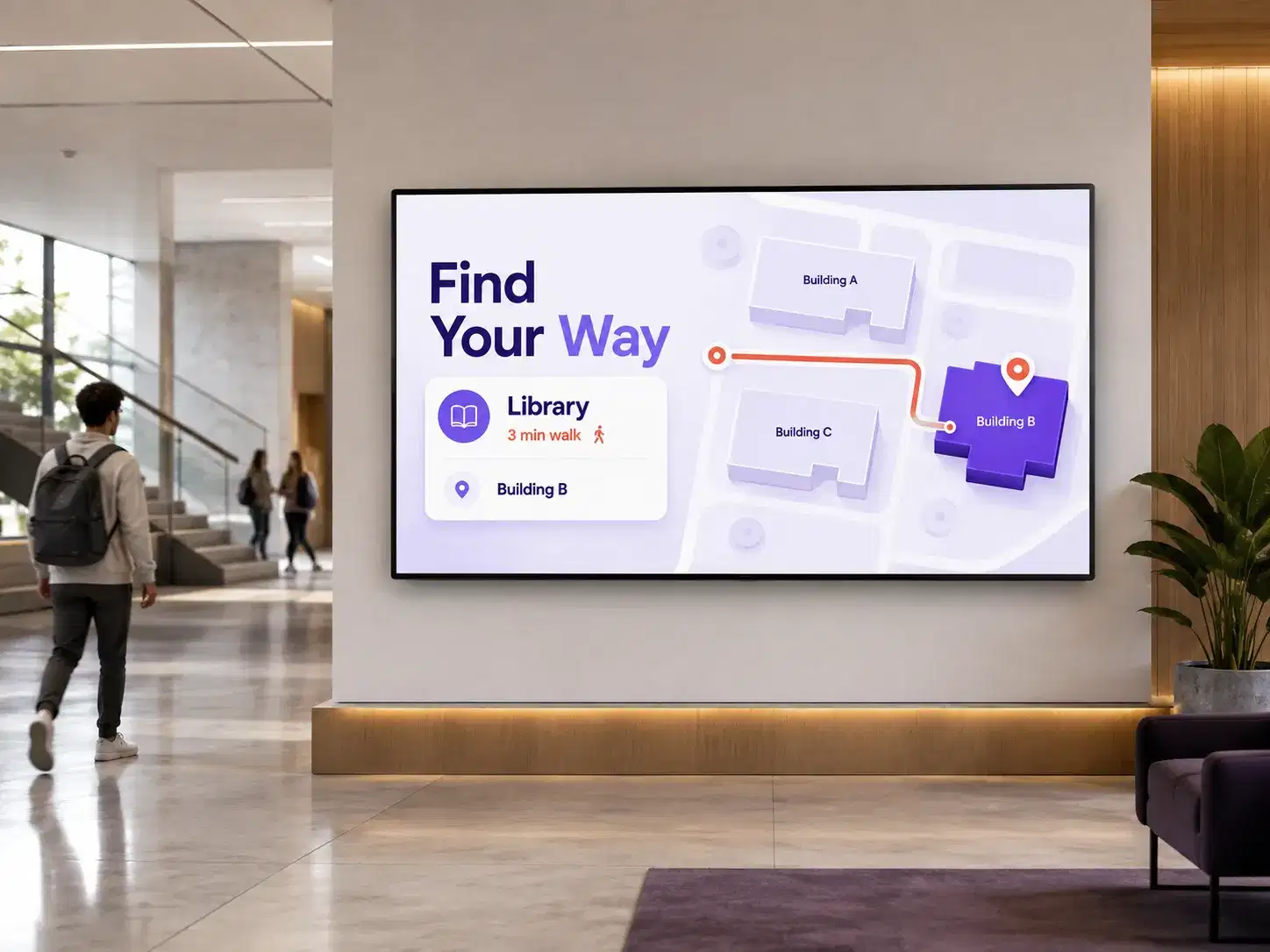 Campus wayfinding on digital signage at building entrance