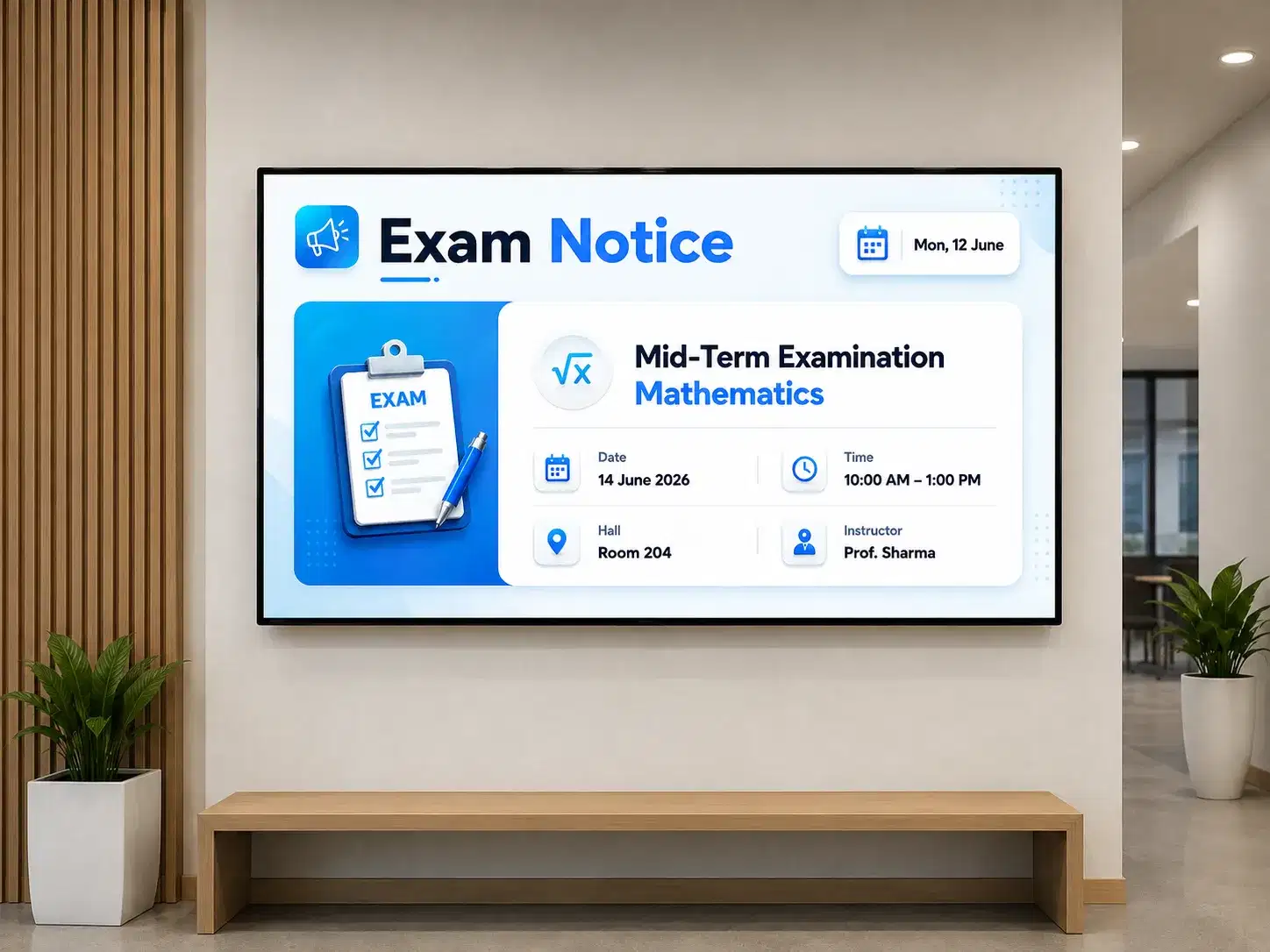 Campus digital signage screen displaying lecture timetable outside university classroom