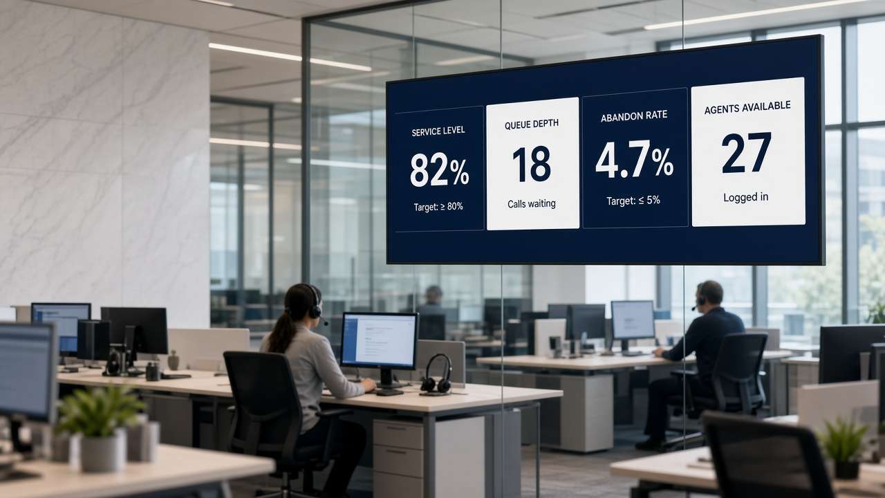 Wallboard digital signage showing live contact centre metrics