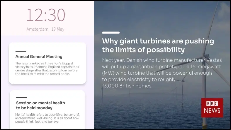 Step 3: Digital signage software interface showing composition window with BBC News app, Digital clock app and Text app feeds