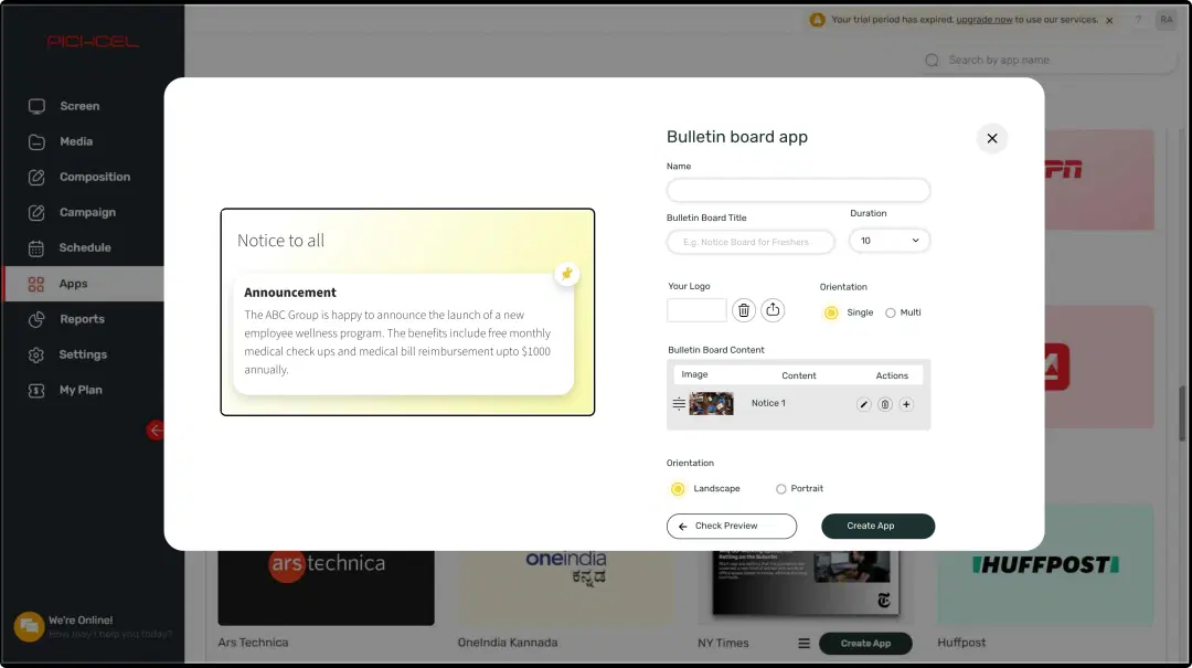 Step 1: Digital signage software interface showing bulletin board App configuration window with multiple options