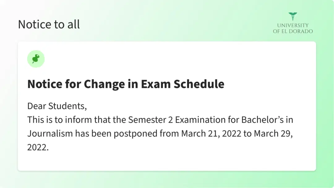 Bulletin board app layout preview showing one notice at a time