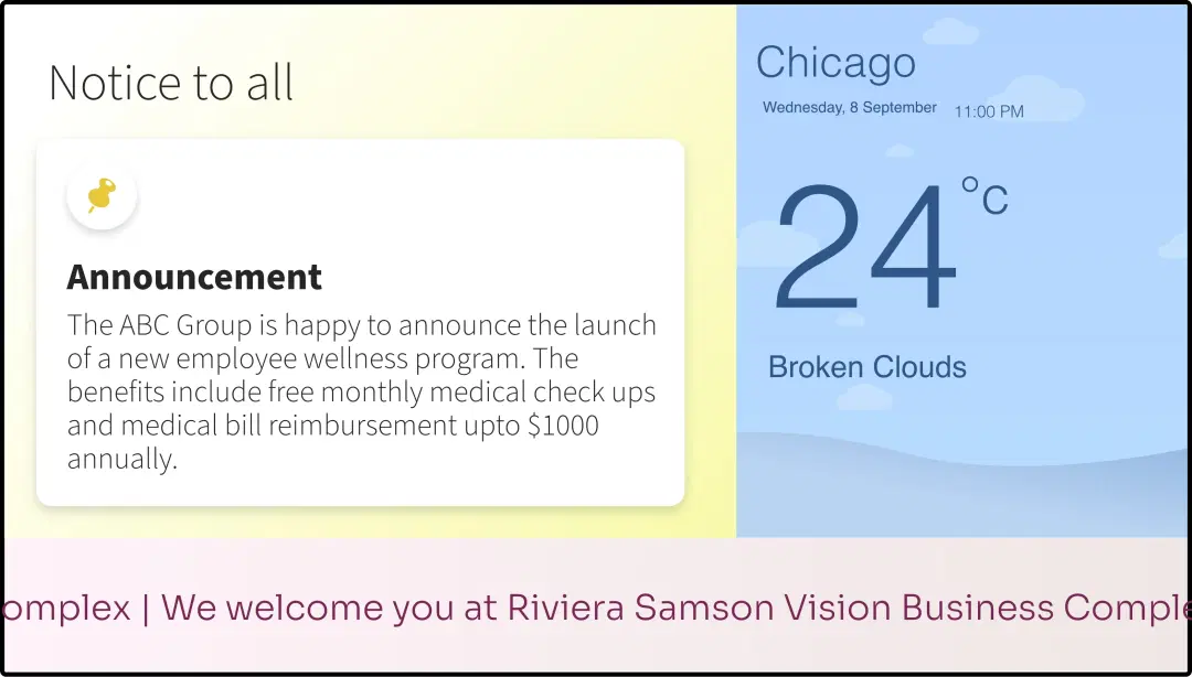 Step 3: Digital signage software interface showing composition window with bulletin board, weather and scroller apps feed