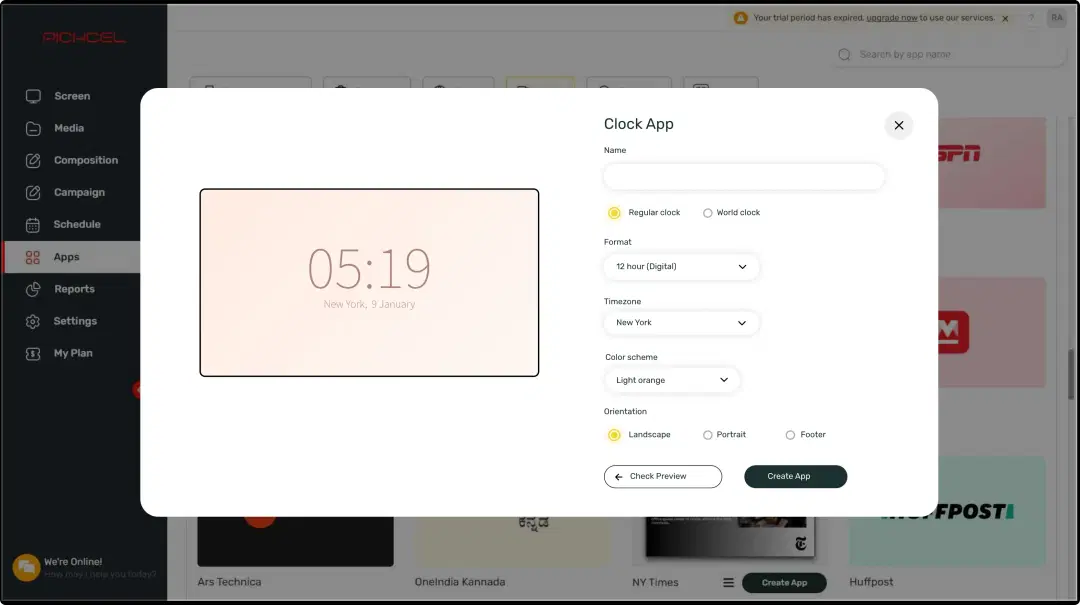 Step 1 digital signage software interface showing Clock App configuration window with multiple options