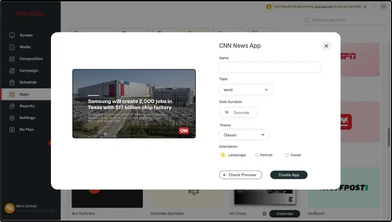 Step 1: Digital signage software interface showing CNN news App configuration window with multiple options