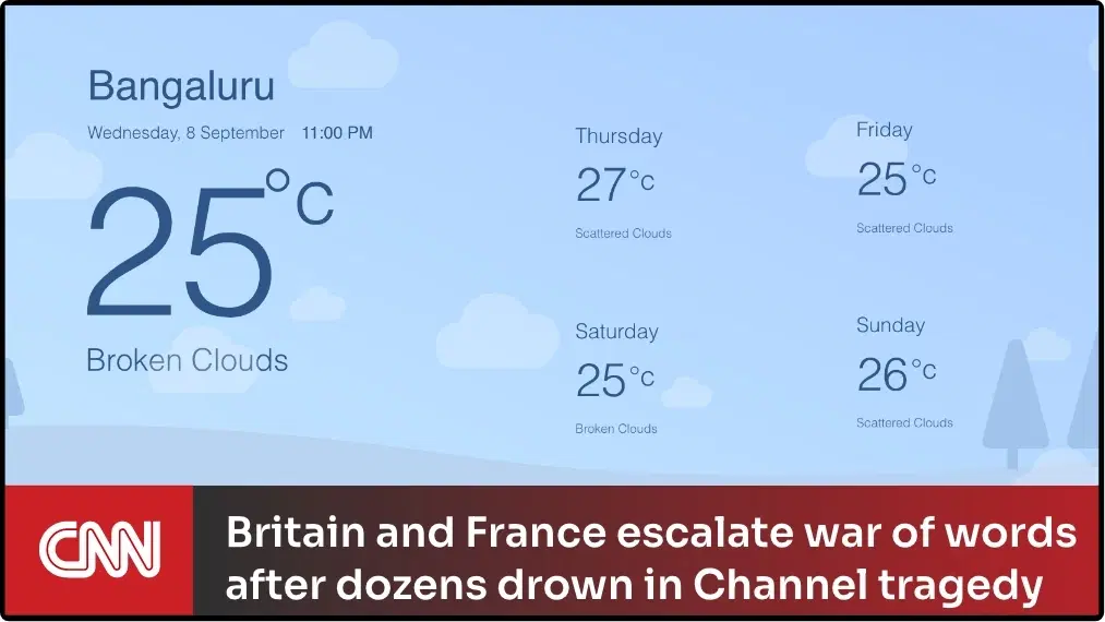 Digital signage CNN News app preview showing news topic text placed at the bottom side of the screen layout