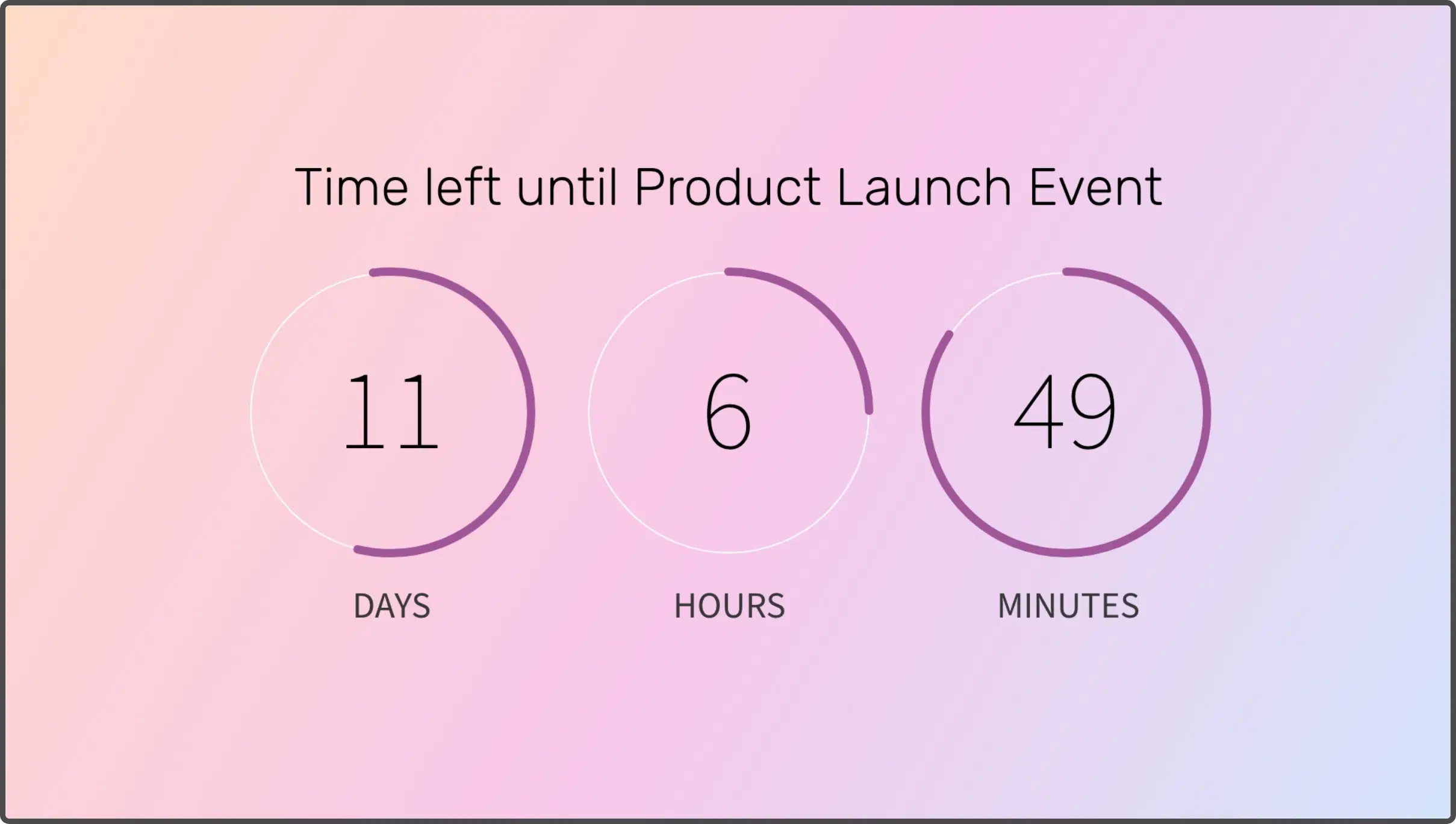Digital signage app showing countdown timer of 11 days 6 hours and 49 minutes left for product launch event on digital screen