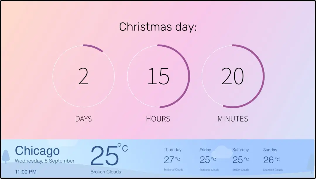 Step 3: Digital signage software interface showing composition window with Countdown app and Weather app feeds