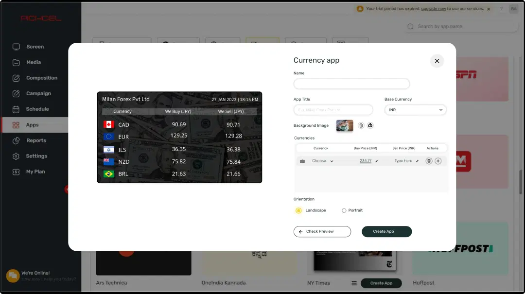 Step 1: Digital signage software interface showing Currency Exchange Rate App configuration window with multiple options