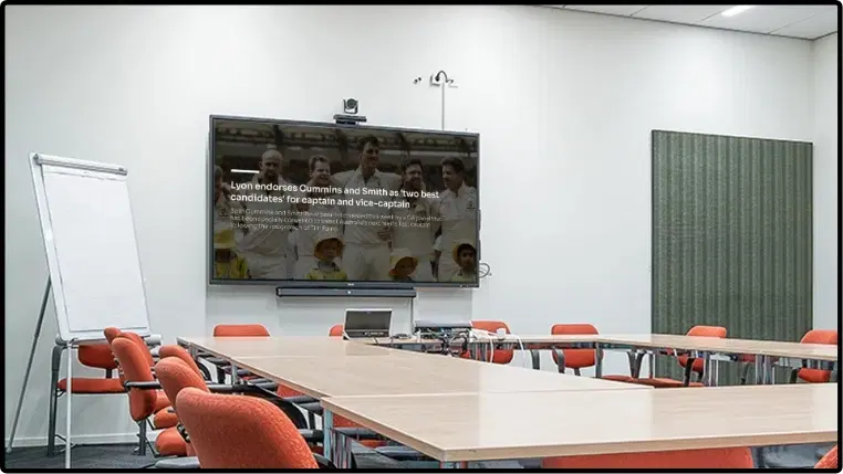 Digital signage ESPN News app layout preview showing news topic image as background and text placed at the center