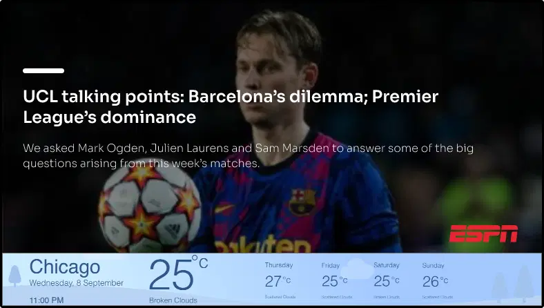 Step 3: Digital signage software interface showing composition window with ESPN News app and Weather app feeds