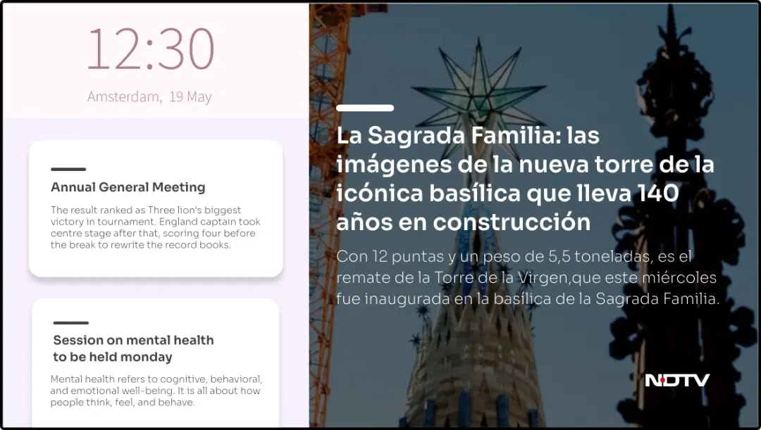 Step 3: Digital signage software interface showing composition window with NDTV News app, Text app and digital clock app feeds