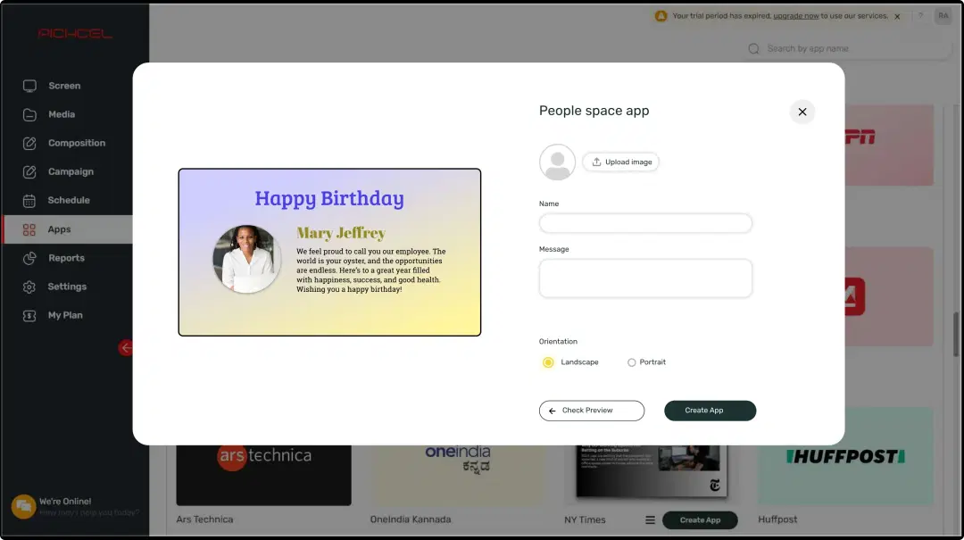 Step 1: Digital signage software interface showing People Space App configuration window with multiple options