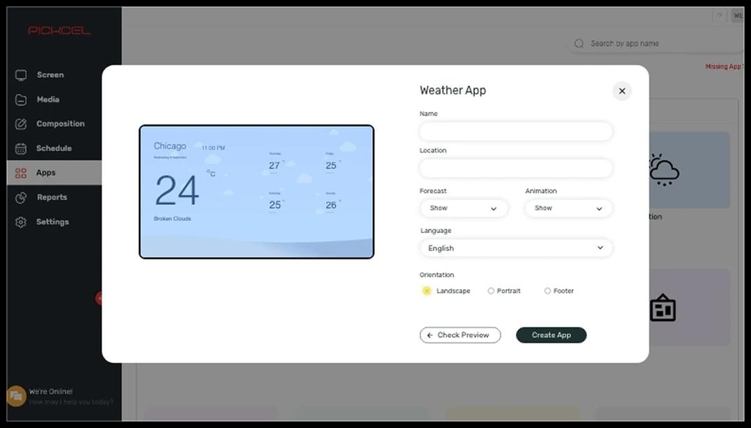 Step 1: Digital signage software interface showing Weather App configuration window with multiple options