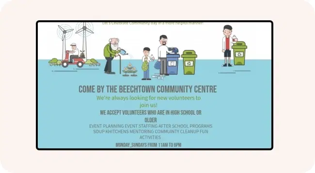 Digital screen promoting community service and volunteer opportunities