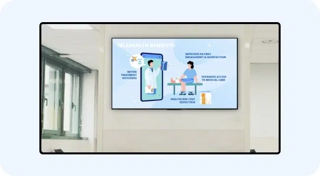 A digital signage screen showing telemedicine information