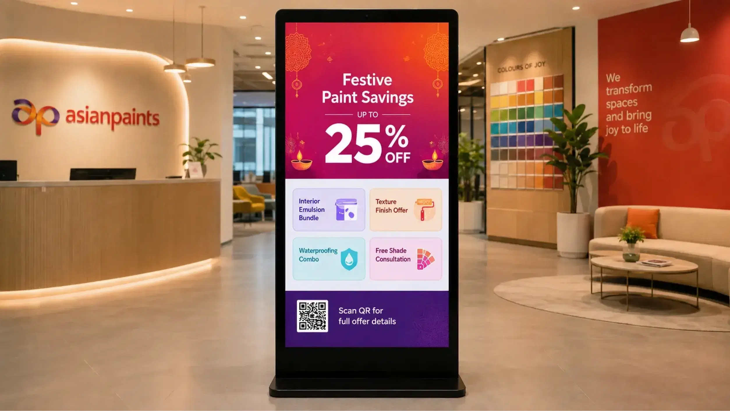 Interactive kiosk displays in Asian Paints store used for visitors to get price and colour selection information