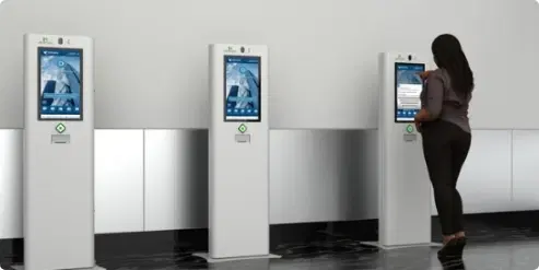 Information kiosk in a corporate lobby displaying a directory and wayfinding map