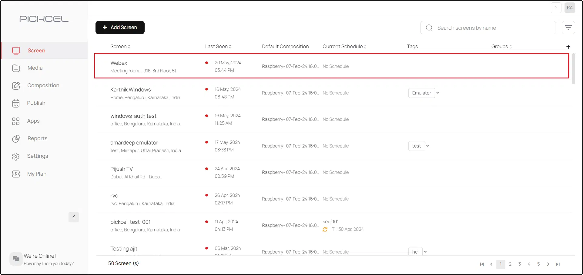 Activated screens list