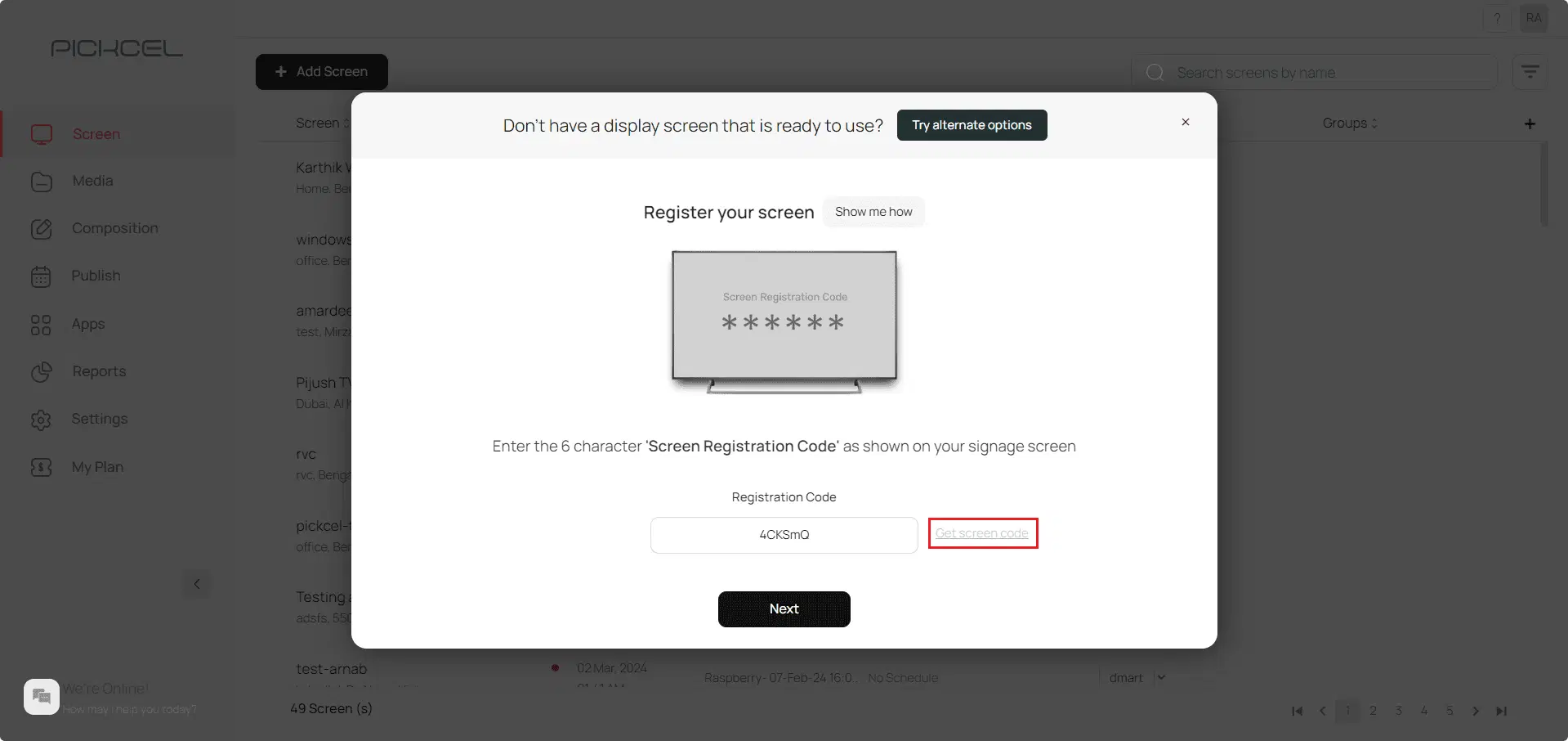 Screen registration code