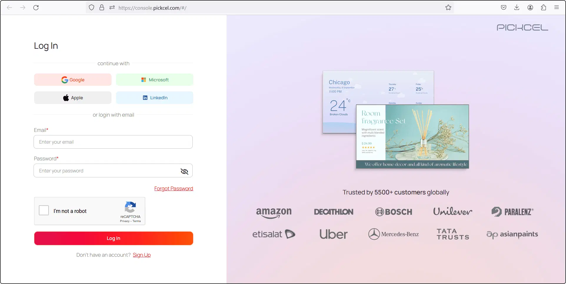 Pickcel software sign up screen