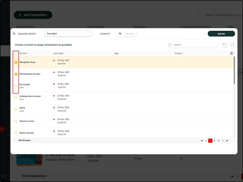 Screens selection window