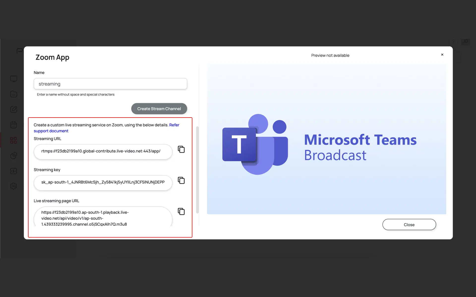 Stream URL and credentials