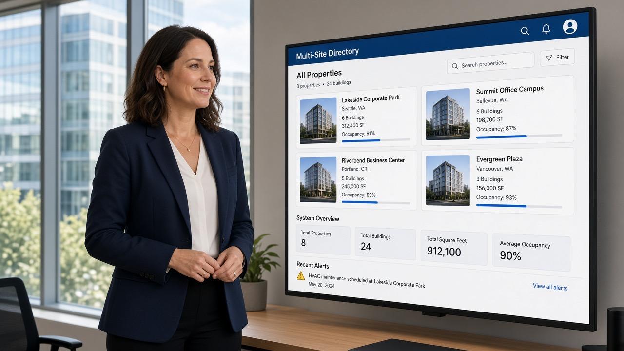 Property manager reviewing a multi-building directory dashboard