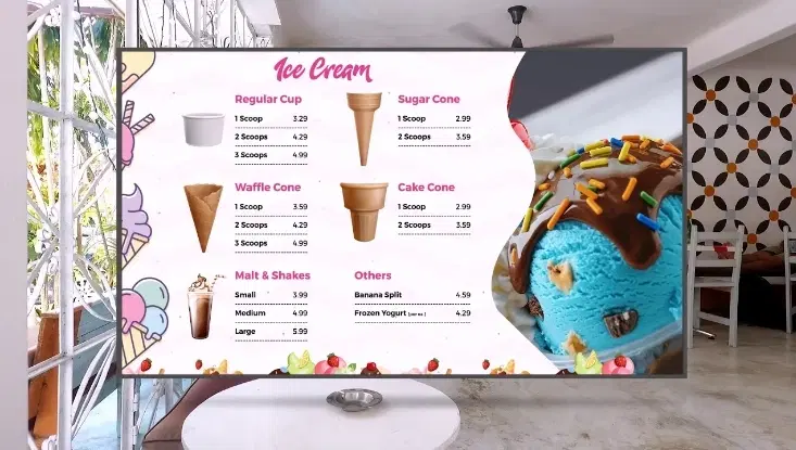 Ice cream shop with digital menu boards showing flavors and prices