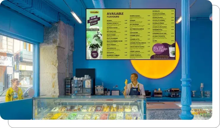Digital menu board showing live stock/availability for ice cream flavors