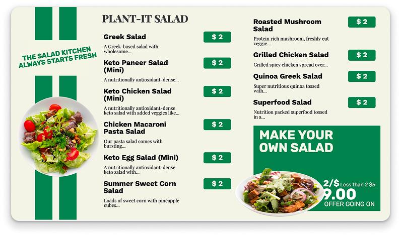 Modern restaurant digital menu board template with food categories and pricing