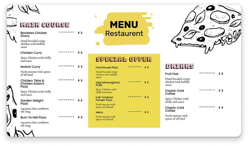 Contemporary pizza restaurant digital menu board with customization options