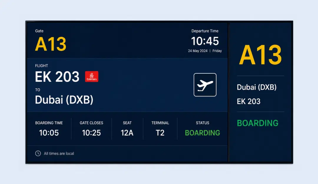 Airport gate information board managed by Pickcel showing boarding time and airline branding