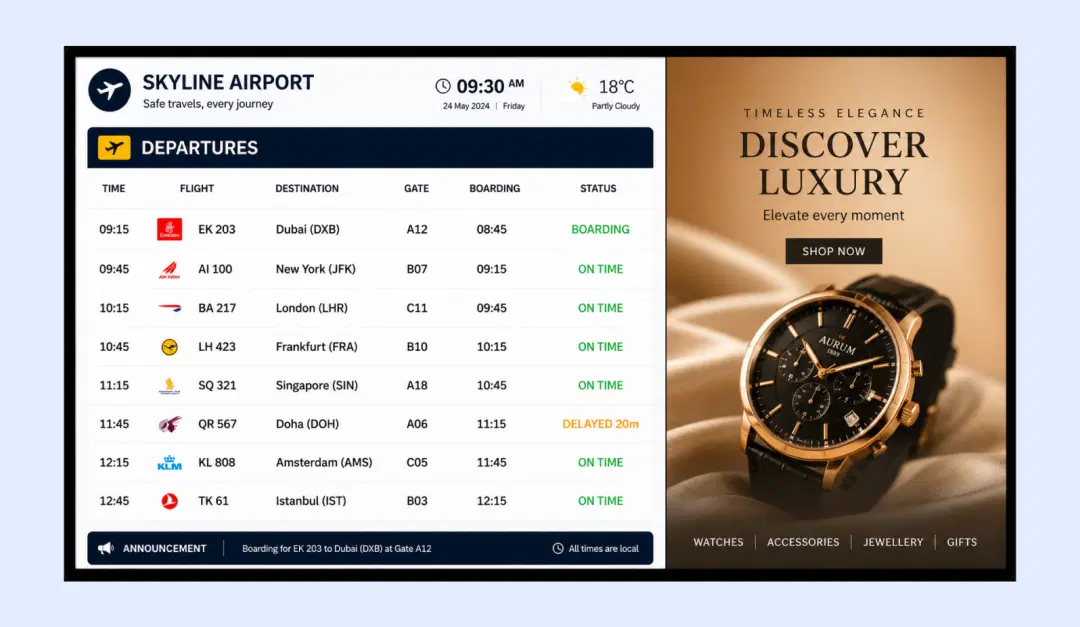 Airport lounge digital signage managed by Pickcel showing duty-free and F&B promotions