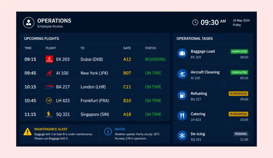 Airport back-of-house employee operational screens managed by Pickcel for ground handling staff