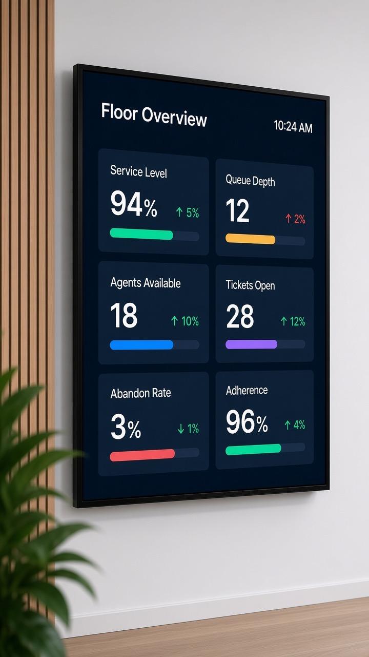 Portrait wallboard combining live service level, queue depth, tickets, and adherence on one screen
