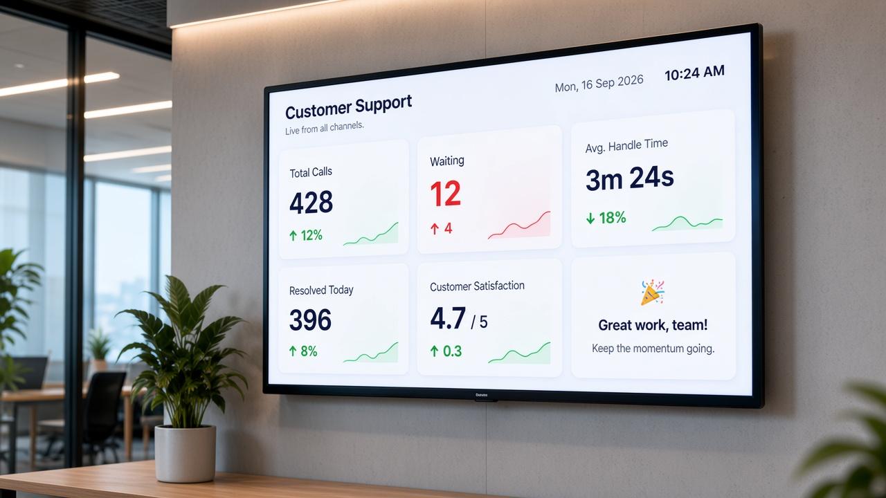 Customer support wallboard showing a small set of live operational metrics
