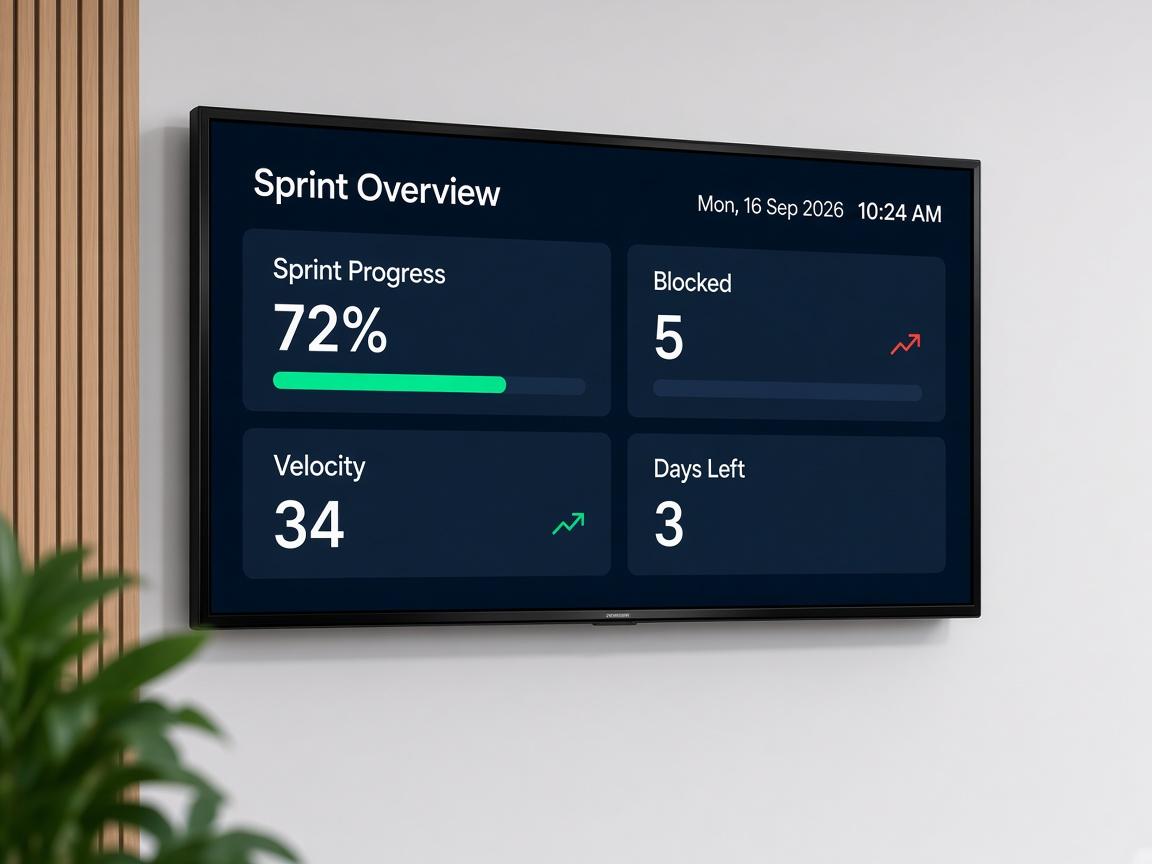 Sprint overview wallboard showing progress, blocked tickets, and velocity