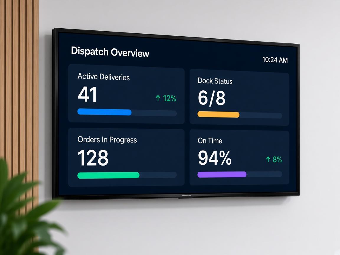 Dispatch overview wallboard showing active deliveries, dock status, and on-time rate