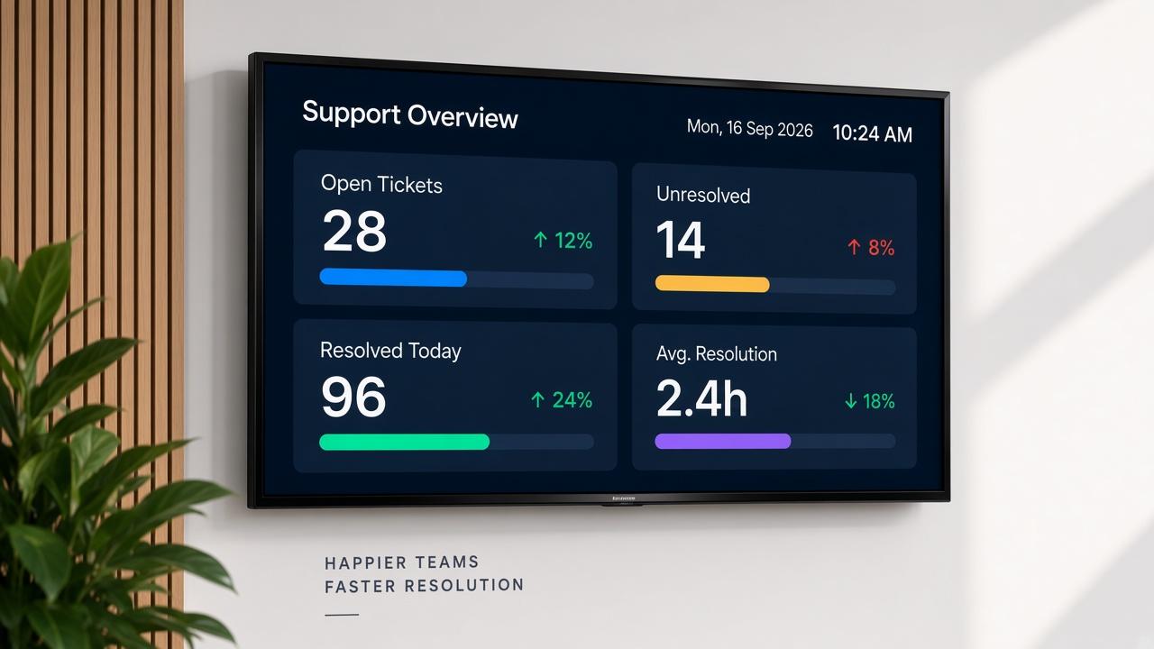 Support wallboard combining ticket volume, queue depth, and resolution time on one screen