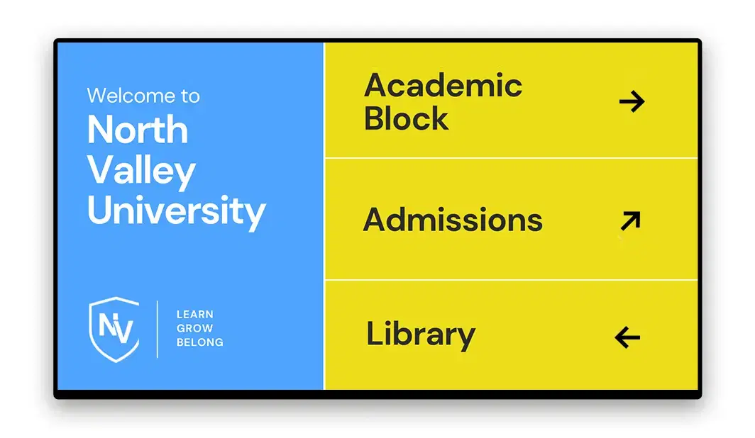 University campus interactive directory display showing event listings and maps