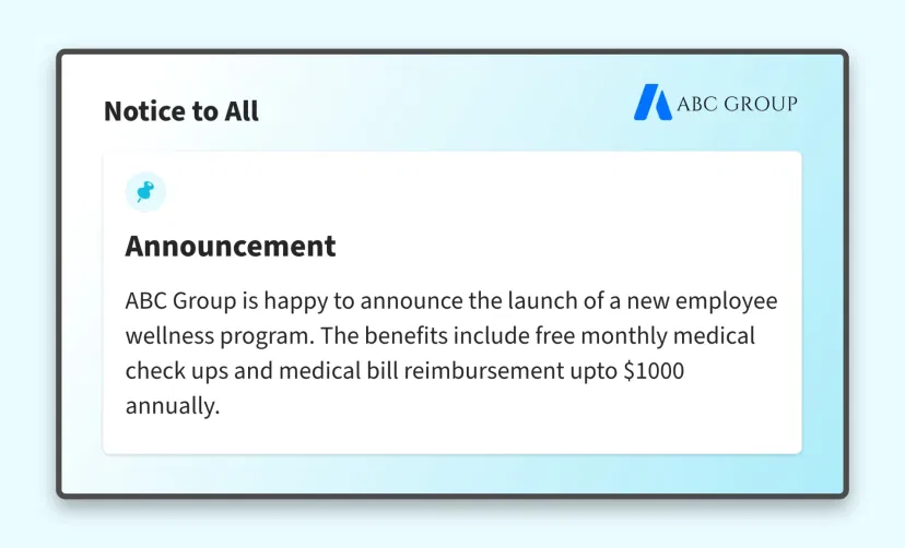 Bulletin board app interface with option to set Brand logo to display on screens along with notices