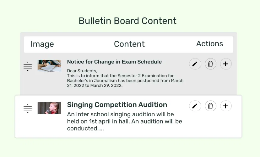 Bulletin board app feed preview showing options to create unlimited notices to display on digital signage screens