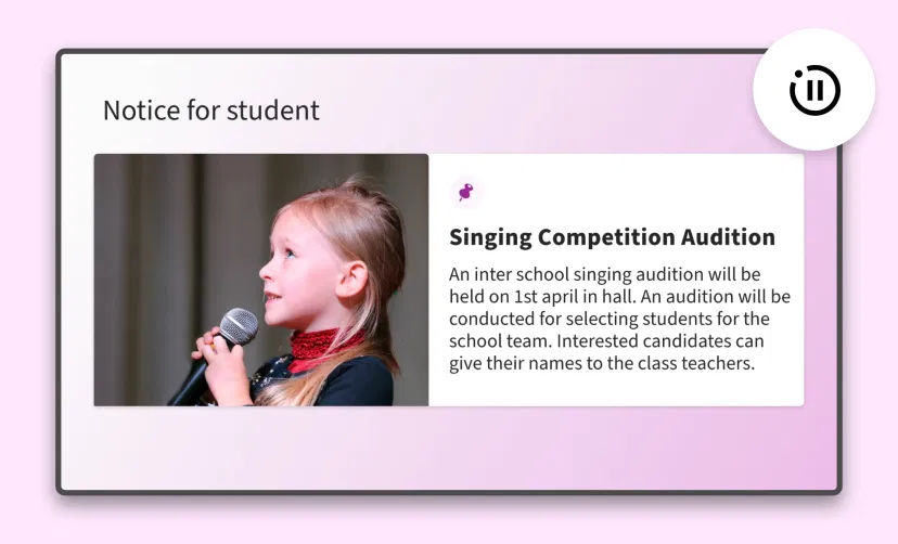 Bulletin board app interface with option to set animation transition time in between notices to display on screens