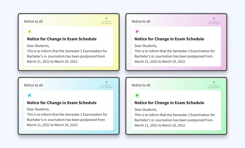 Bulletin board app feed preview showing themes with background color gradient options like orange, purple, blue, etc.