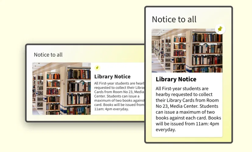 Bulletin board app feed preview in digital screens with landscape and portrait layouts